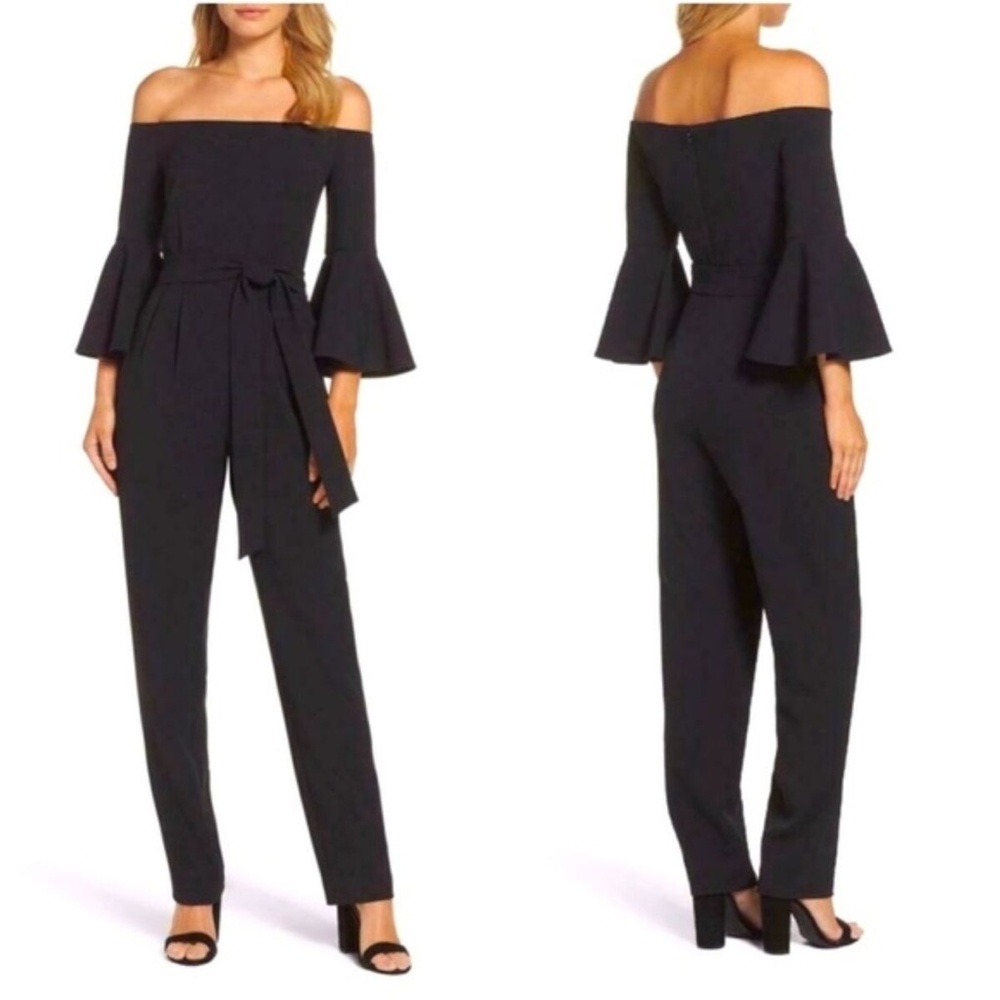 Eliza J Jumpsuit Bell 3/4 Sleeve Off-The Shoulders NO Belt Size 2 Black Dramatic